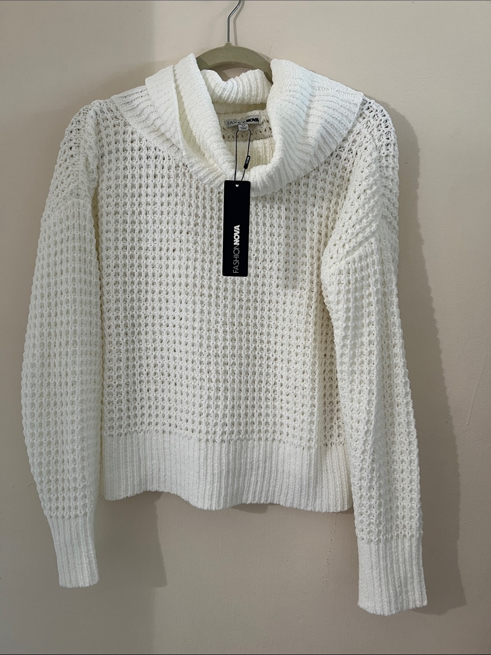 Fashion Nova Cream Waffle Knit Cowl Neck Sweater